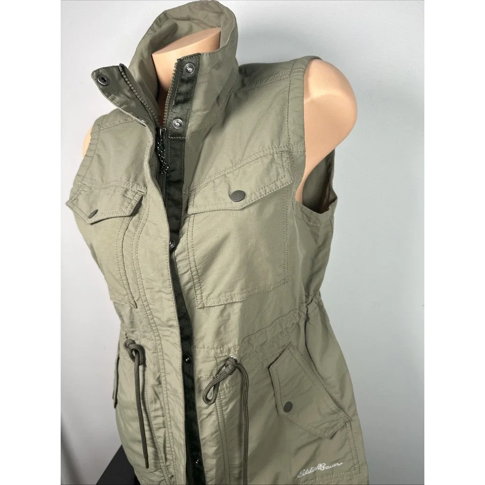 Eddie Bauer PM Womens Vest Olive Green Drawstring Pockets Zip Fishing Hiking